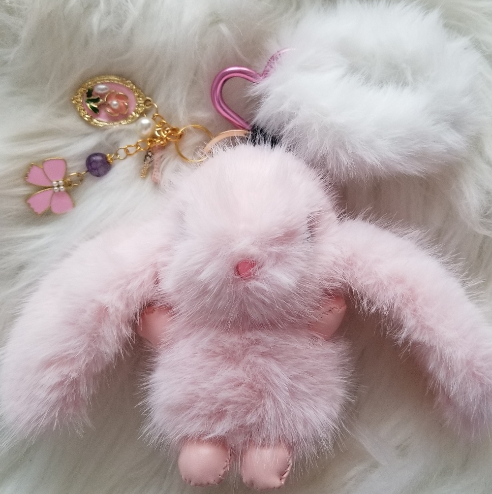Plush Pink Bunny Keychain with Heart Clip